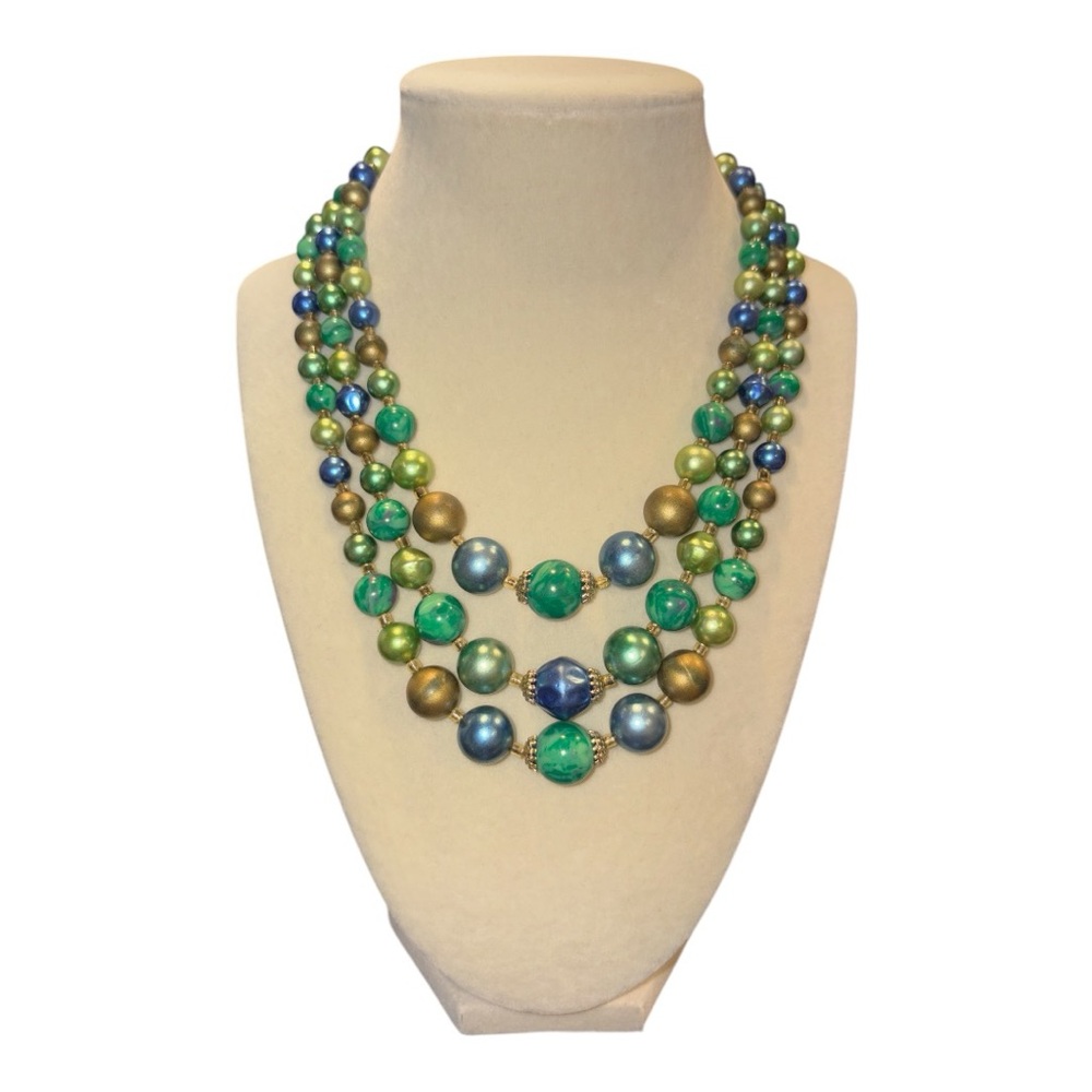 Vintage Colorful Graduated Beaded triple strand necklace marked Japan. JB2